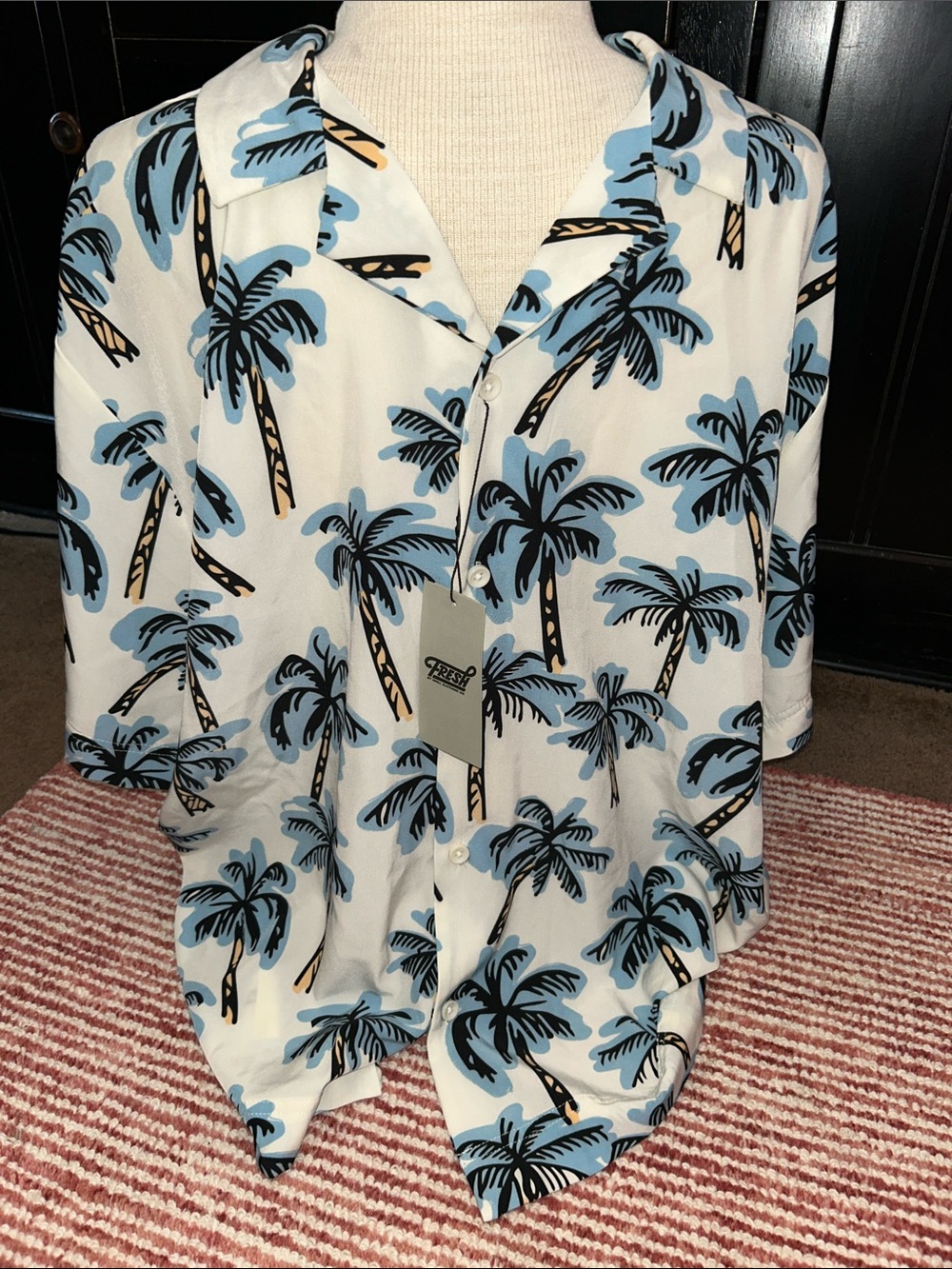 Men's Casual White Button-Down Shirt with Blue Palm Print